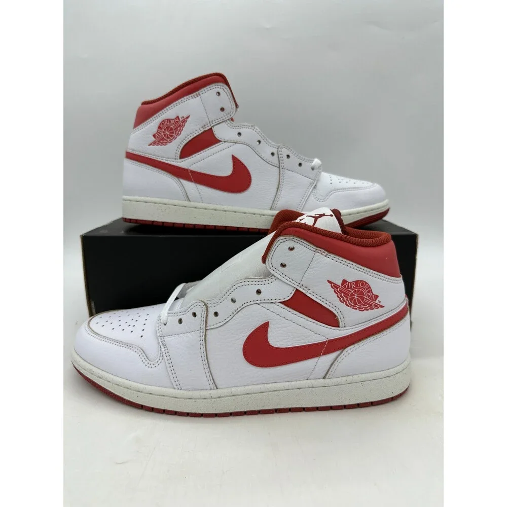 Air Jordan 1 Mid SE Men's Size 11 White Red Leather Athletic Shoes FJ3458 160